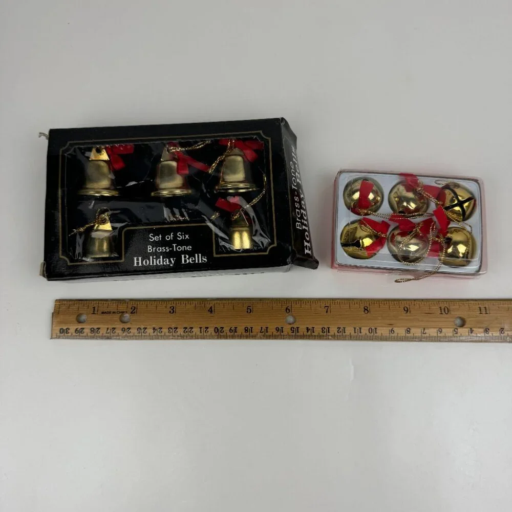 2 Vtg Pkgs Christmas Gold Brass Tone Bells Jingle w Red Ribbon w Orig Box READ